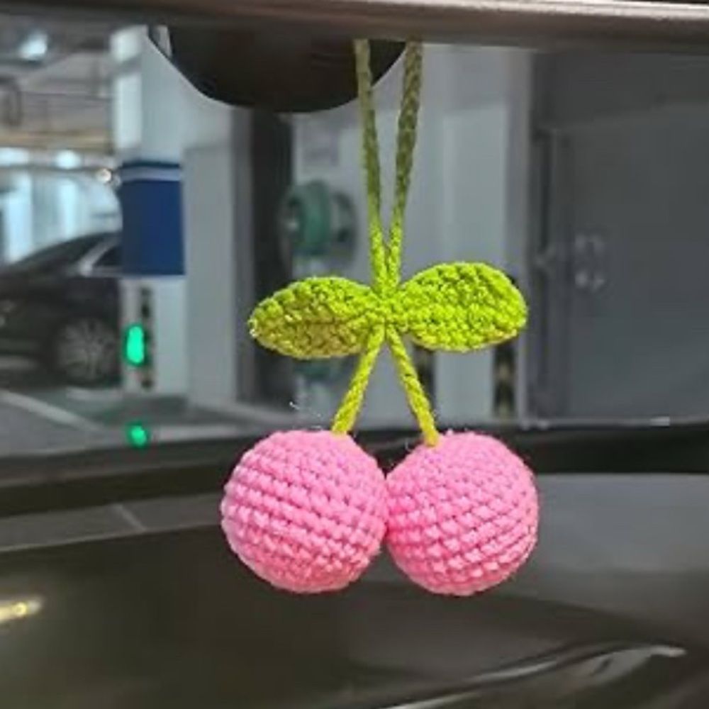 Pink Crochet Handmade Cherry Bag Charm or Car Hanging Decor